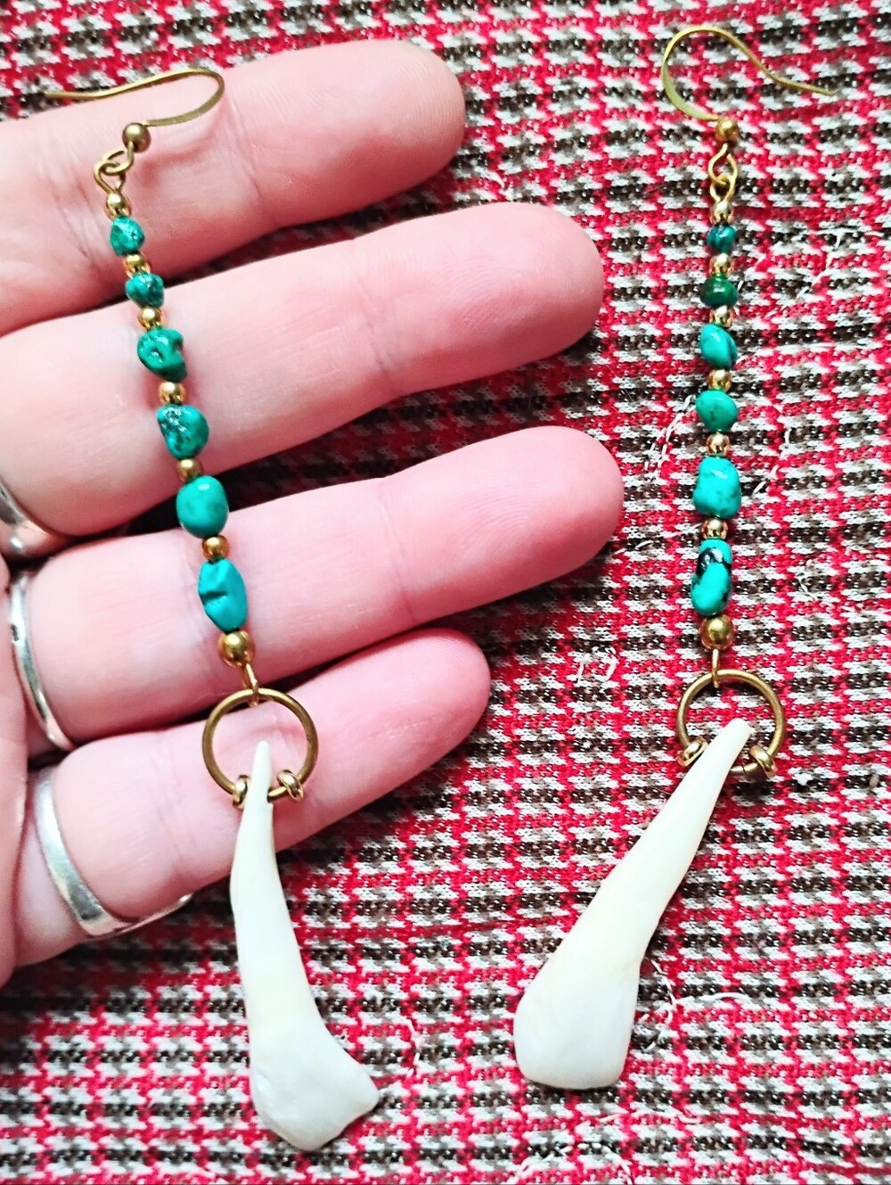 Long Turquoise Nuggets and Buffalo Tooth Handmade Earrings